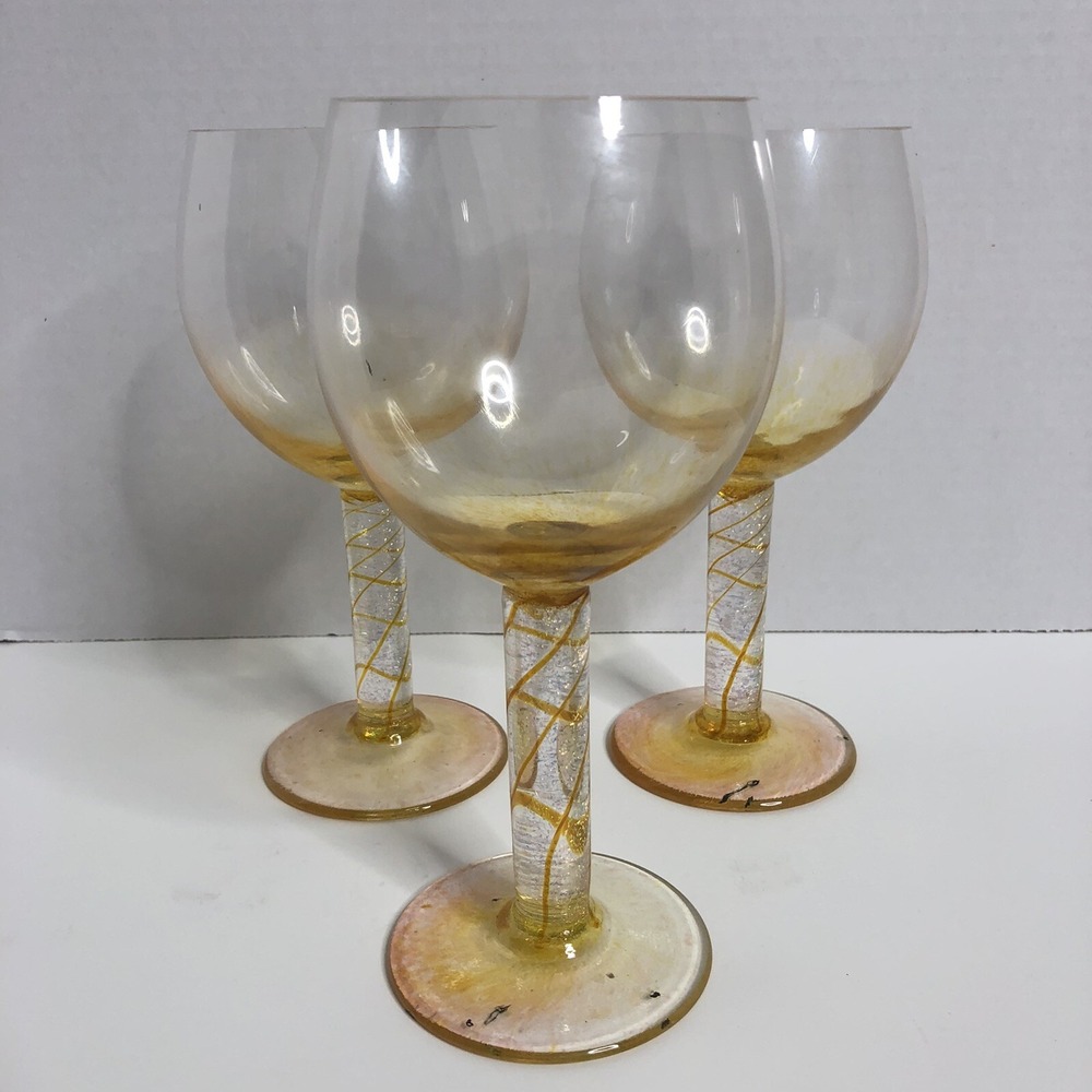 Glass Eye Studio Wine Glasses Goblets Gold Swirl Design Seattle WA Set of 3